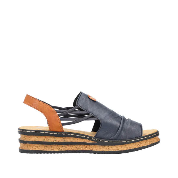 Rieker 62962-14 Women’s Pacific Blue and Brown Elasticated Sandals with cork wedge sole and stylish straps.