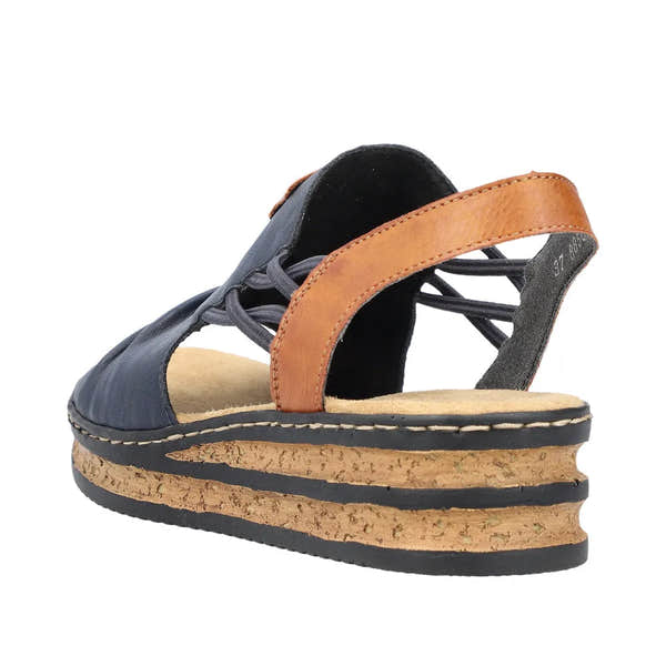 Rieker 62962-14 ladies elasticated sandals in pacific blue and brown with cork wedge sole.