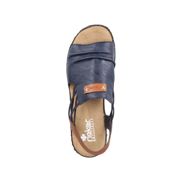 Rieker 62962-14 women's elasticated sandals in Pacific Blue and Brown with leather straps and open toe design.