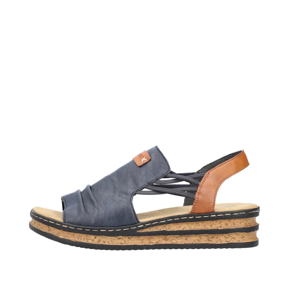 Rieker 62962-14 Ladies Pacific Blue/Brown elasticated sandals with cork wedge sole and multicolor straps.