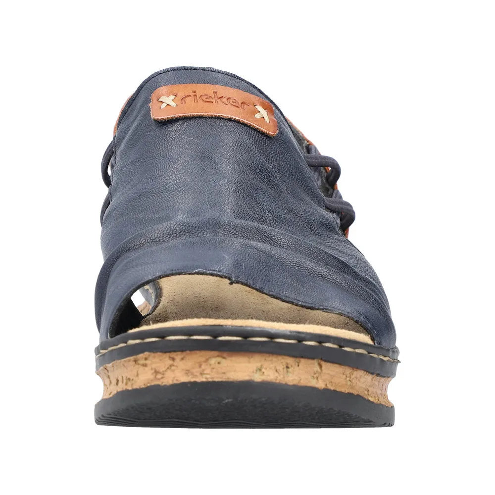 Rieker 62962-14 women's Pacific Blue/Brown elasticated sandals, open toe, cushioned sole and ankle strap design.
