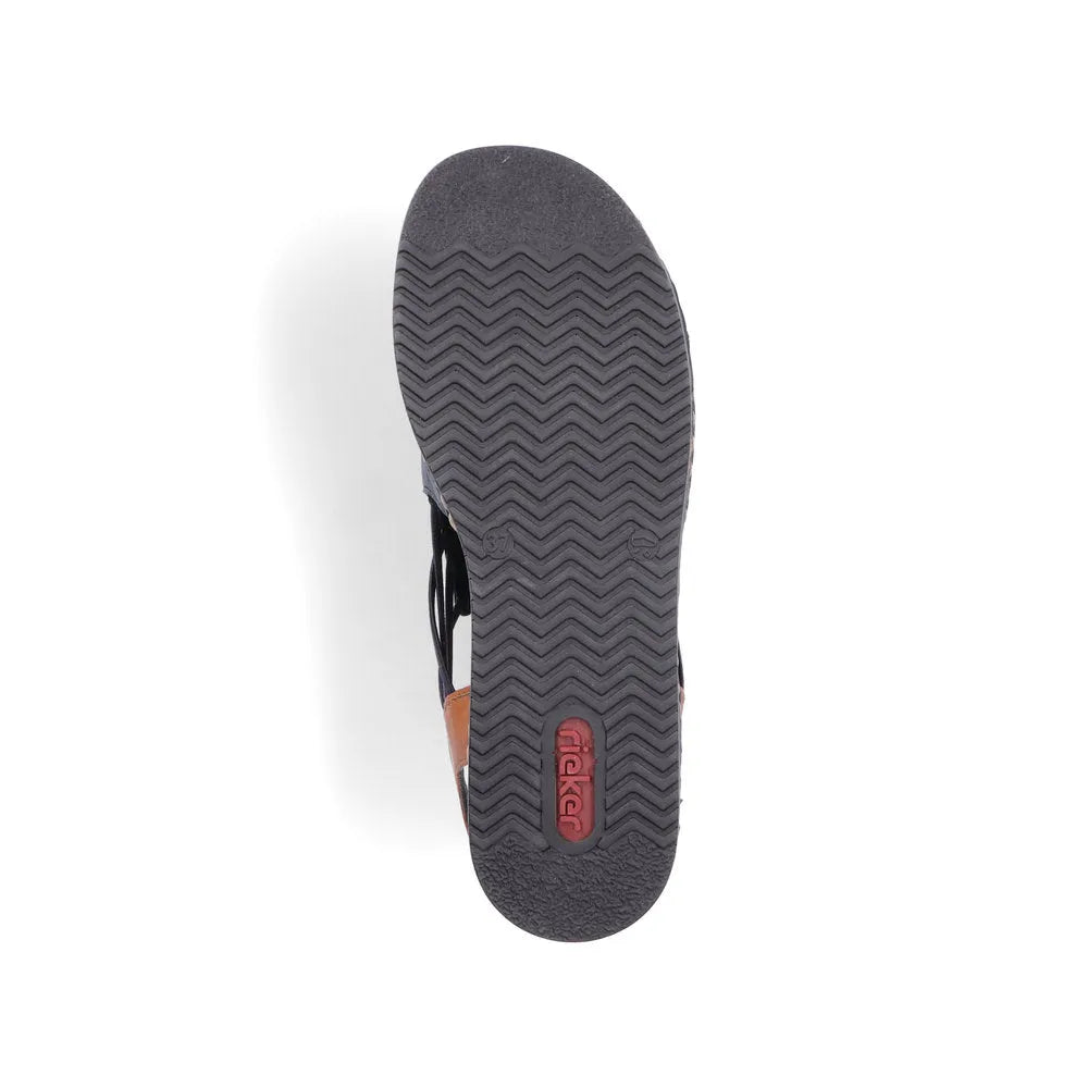 Rieker 62962-14 women's Pacific Blue/Brown elasticated slip-on sandals with cushioned sole and textured rubber outsole.