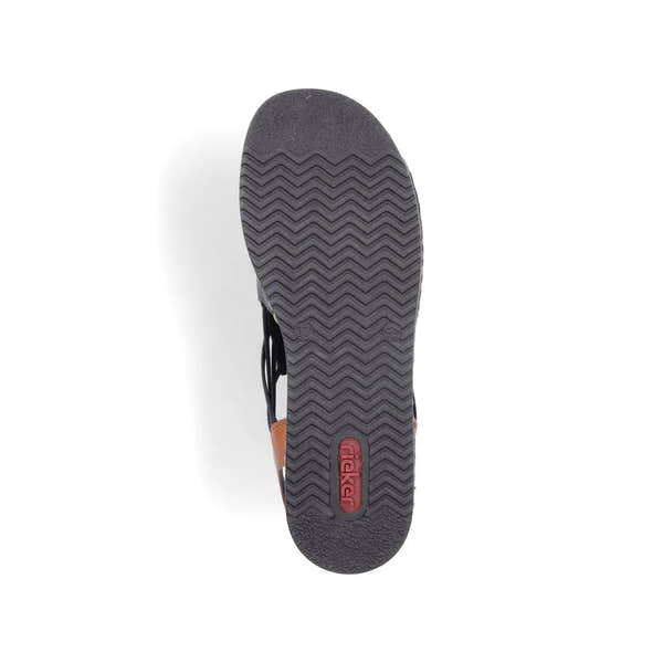 Rieker 62962-14 women's Pacific Blue/Brown elasticated slip-on sandals with cushioned sole and textured rubber outsole.
