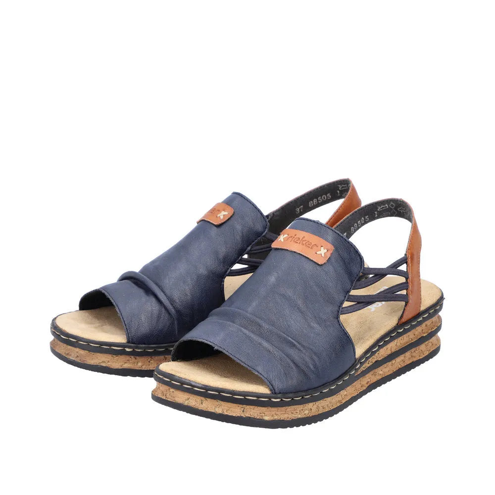 Rieker 62962-14 women's elasticated sandals in Pacific Blue and Brown with cushioned footbed and cork sole.