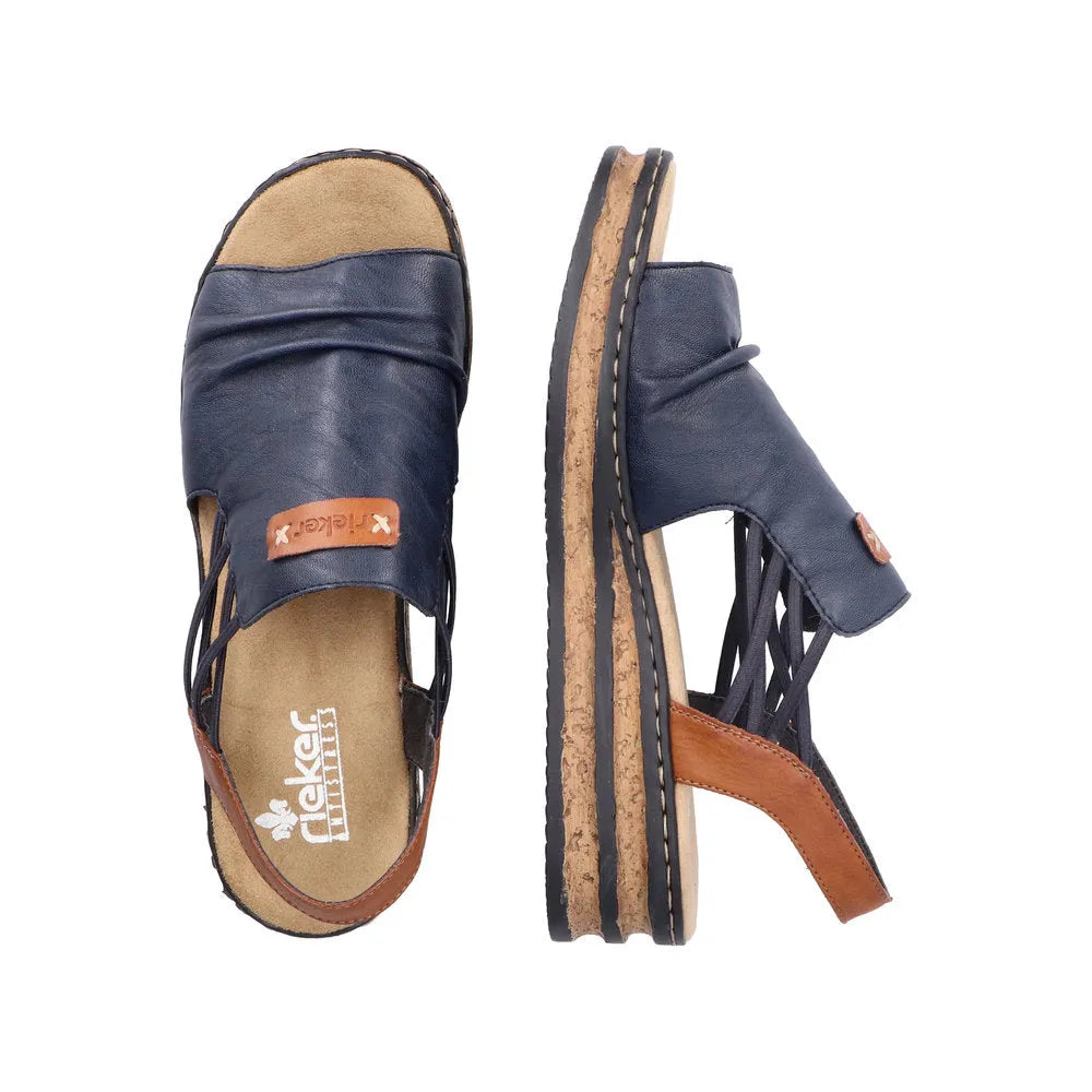 Rieker 62962-14 women's elasticated sandals in Pacific Blue and Brown with cushioned insole and rubber sole.