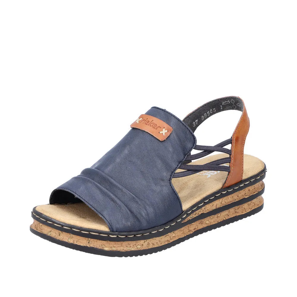 Rieker 62962-14 women's elasticated sandals in Pacific Blue and Brown with cork and rubber sole, open-toe, stylish and comfortable.