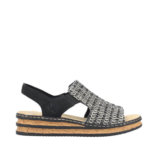 Rieker 62971-00 Ladies Black Textile Elasticated Sandals with cork sole, providing comfort and stylish casual footwear.