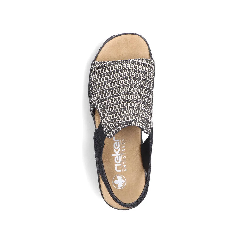 Rieker 62971-00 women's black textile elasticated sandals with open toe and cushioned footbed.