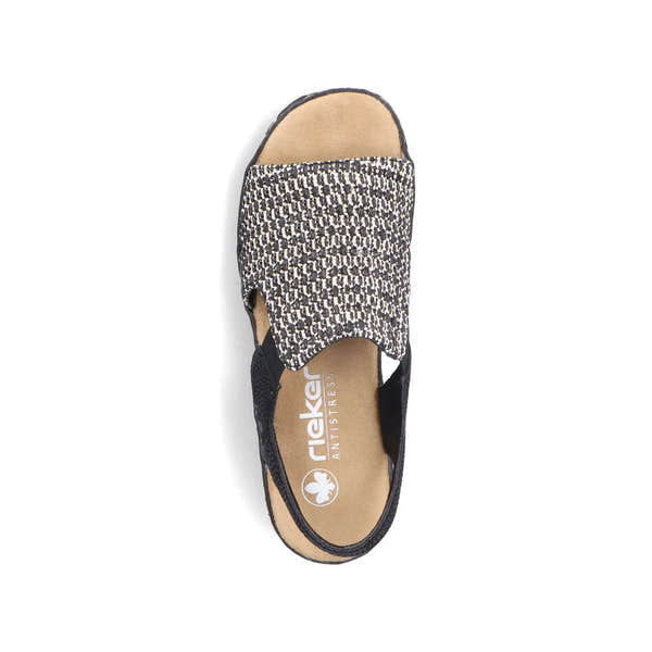 Rieker 62971-00 women's black textile elasticated sandals with open toe and cushioned footbed.