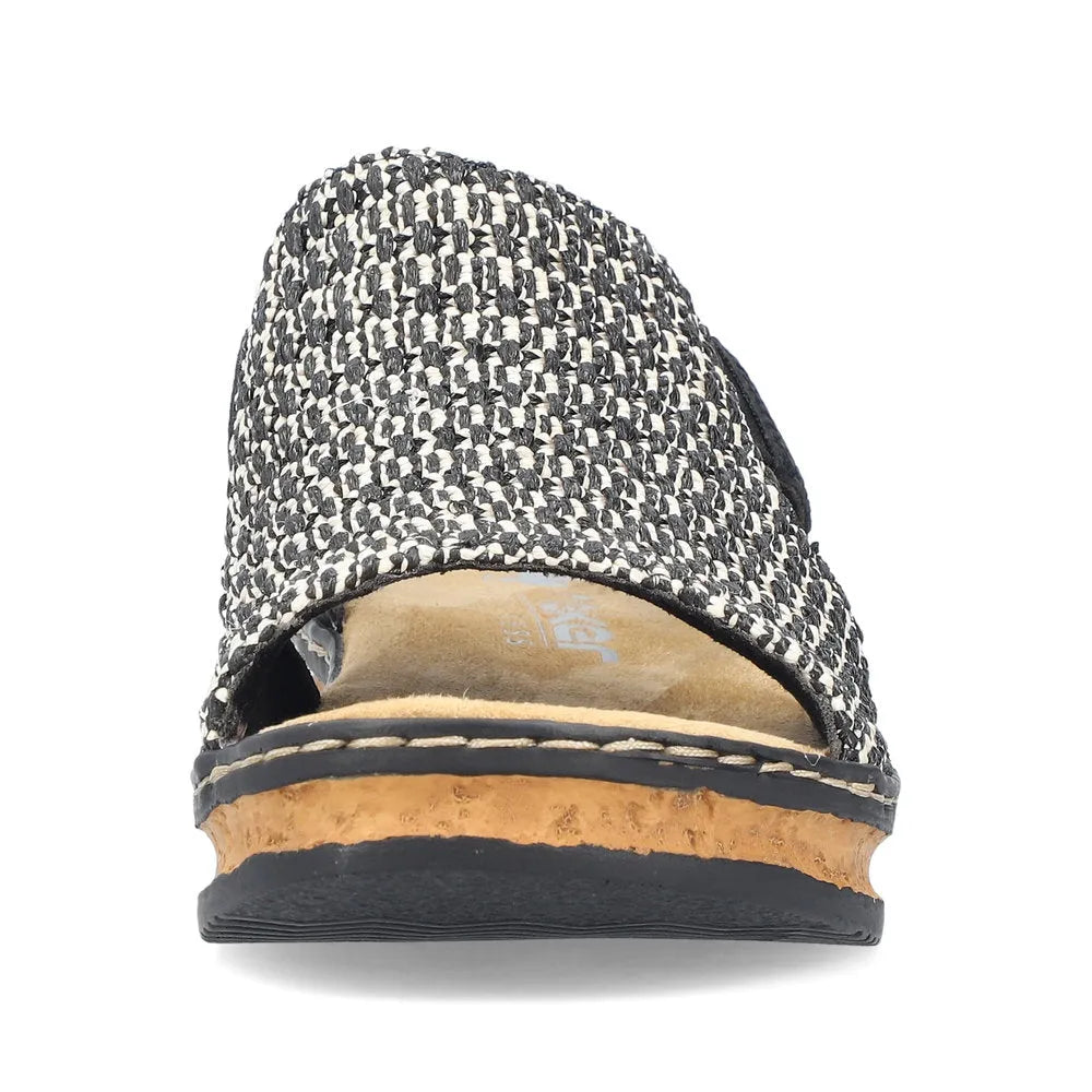 Rieker 62971-00 women's black textile elasticated sandals with cork sole, stylish and comfortable slip-on footwear.