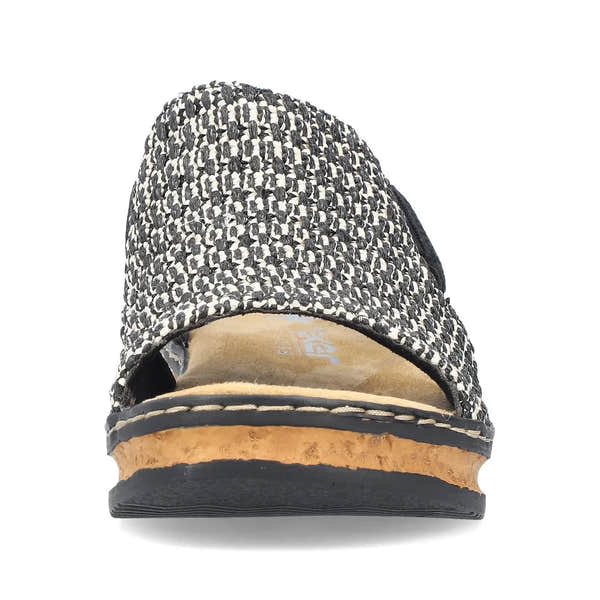 Rieker 62971-00 women's black textile elasticated sandals with cork sole, stylish and comfortable slip-on footwear.