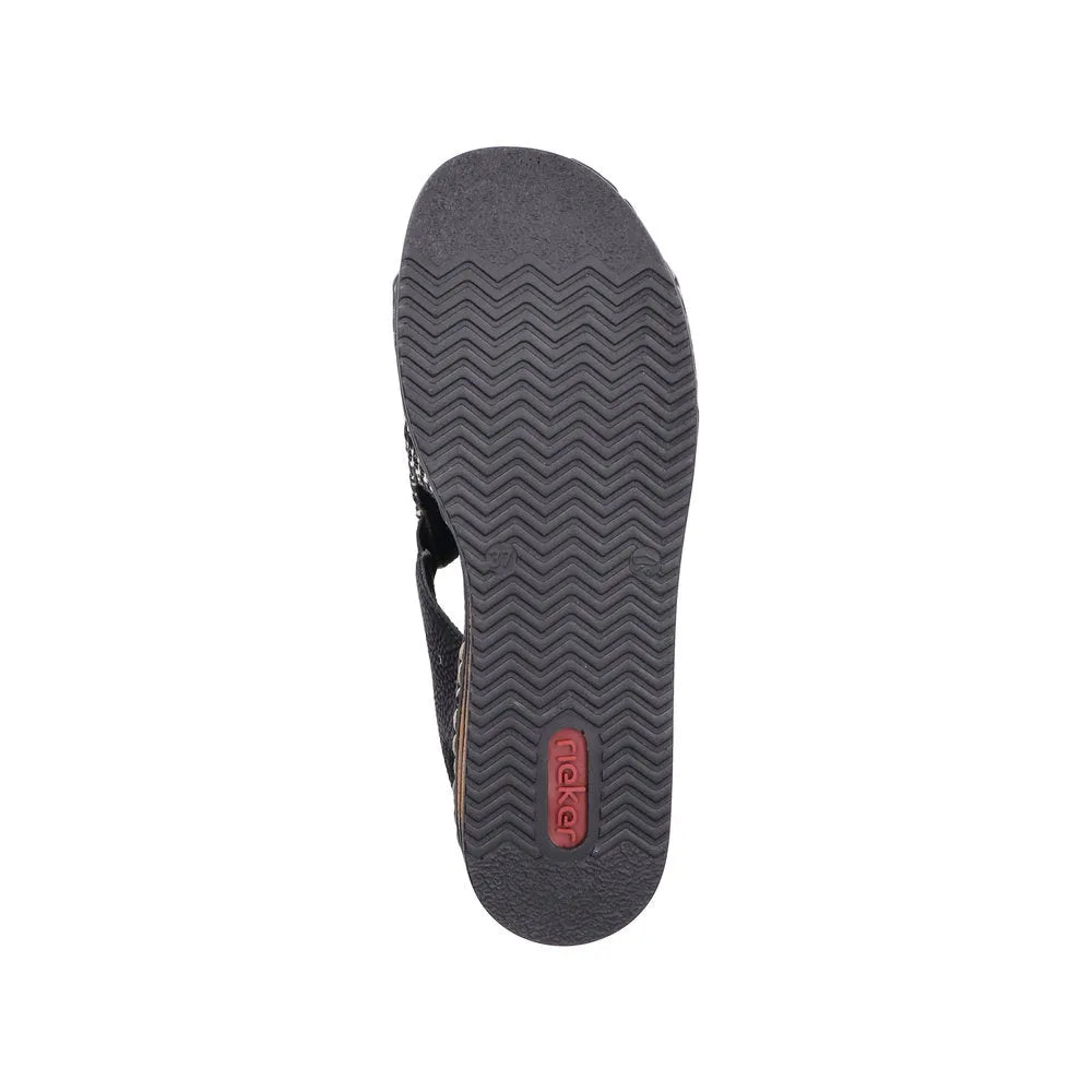 Rieker 62971-00 Ladies Black Textile Elasticated Sandals with slip-on design and textured sole.