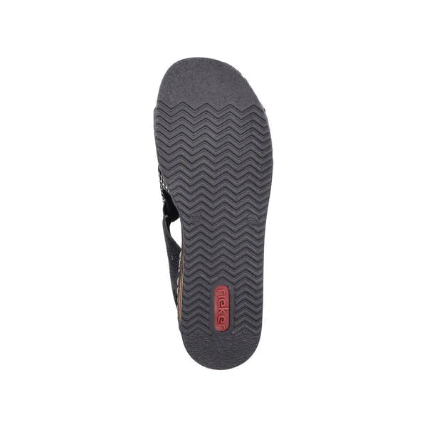 Rieker 62971-00 Ladies Black Textile Elasticated Sandals with slip-on design and textured sole.