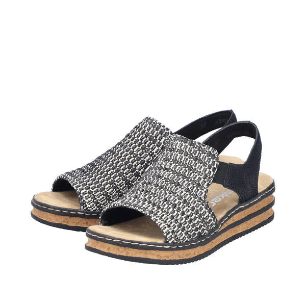 Rieker 62971-00 women's black textile elasticated open-toe sandals with cork footbed and adjustable heel strap.