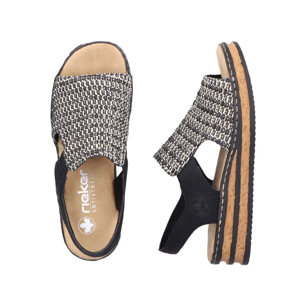 Rieker 62971-00 women's black textile elasticated sandals with cushioned footbed and stacked heel.