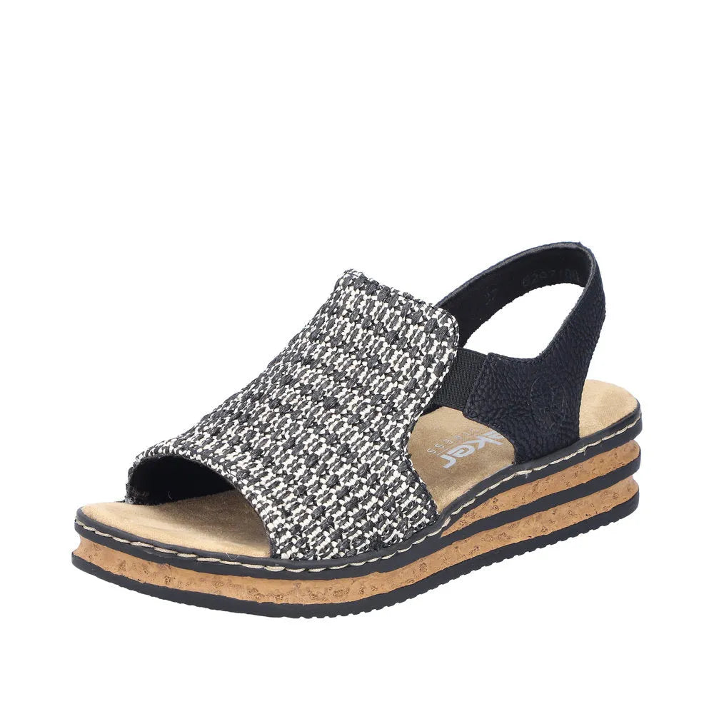 Rieker 62971-00 women's black textile elasticated sandals with cork sole and slingback strap.