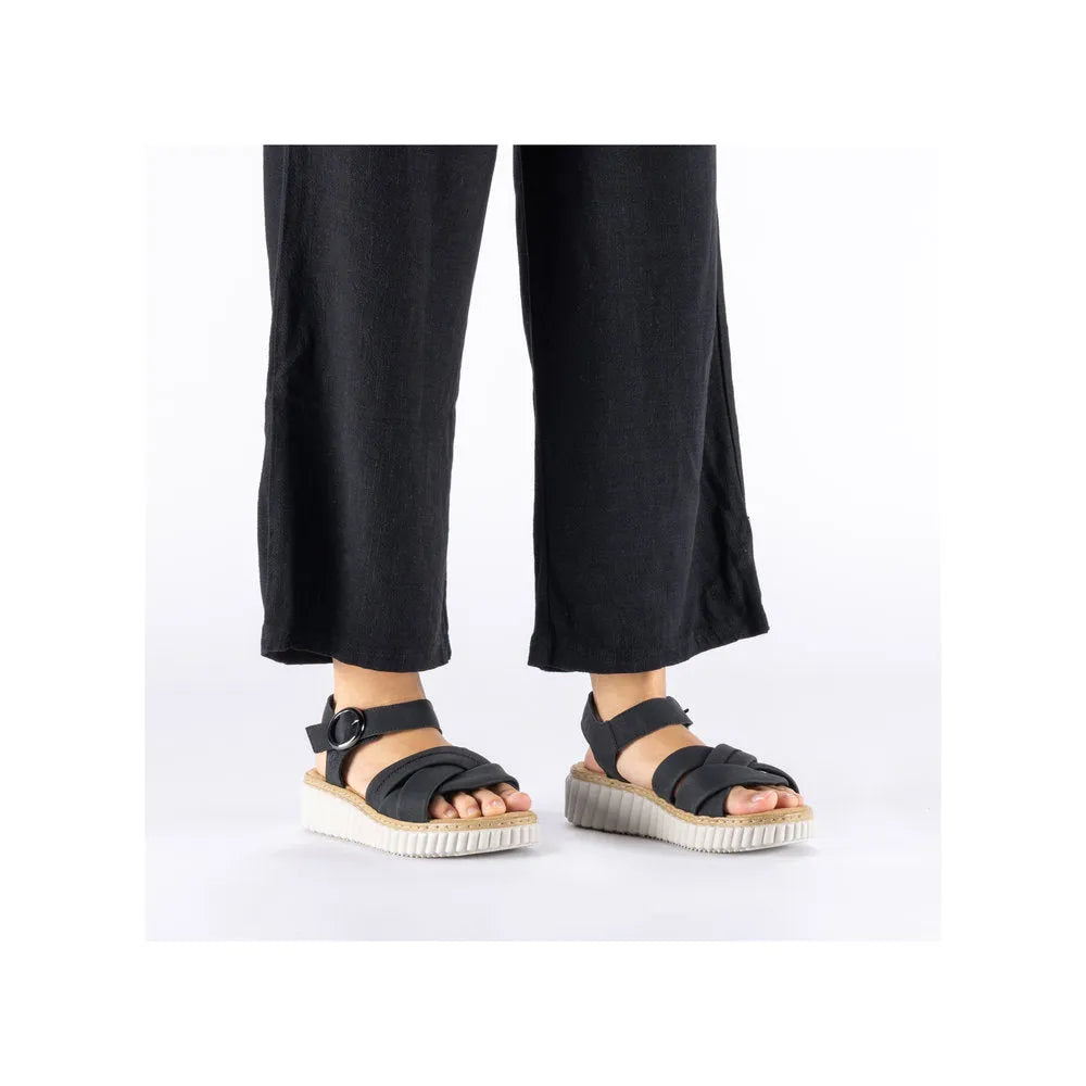 Rieker 63781-00 women's black touch fastening sandals with chunky white sole, open toe and adjustable straps.