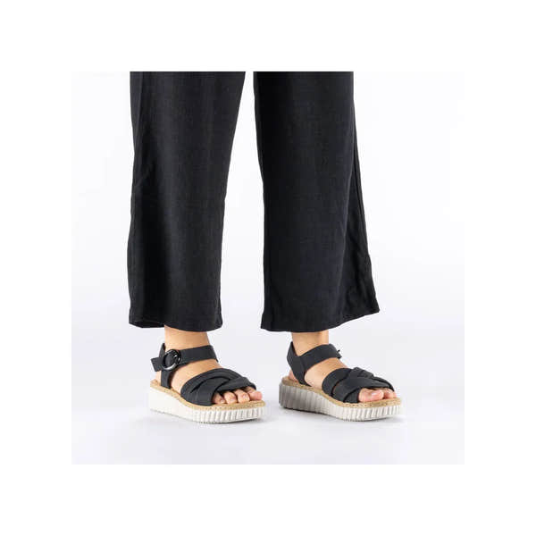 Rieker 63781-00 women's black touch fastening sandals with chunky white sole, open toe and adjustable straps.