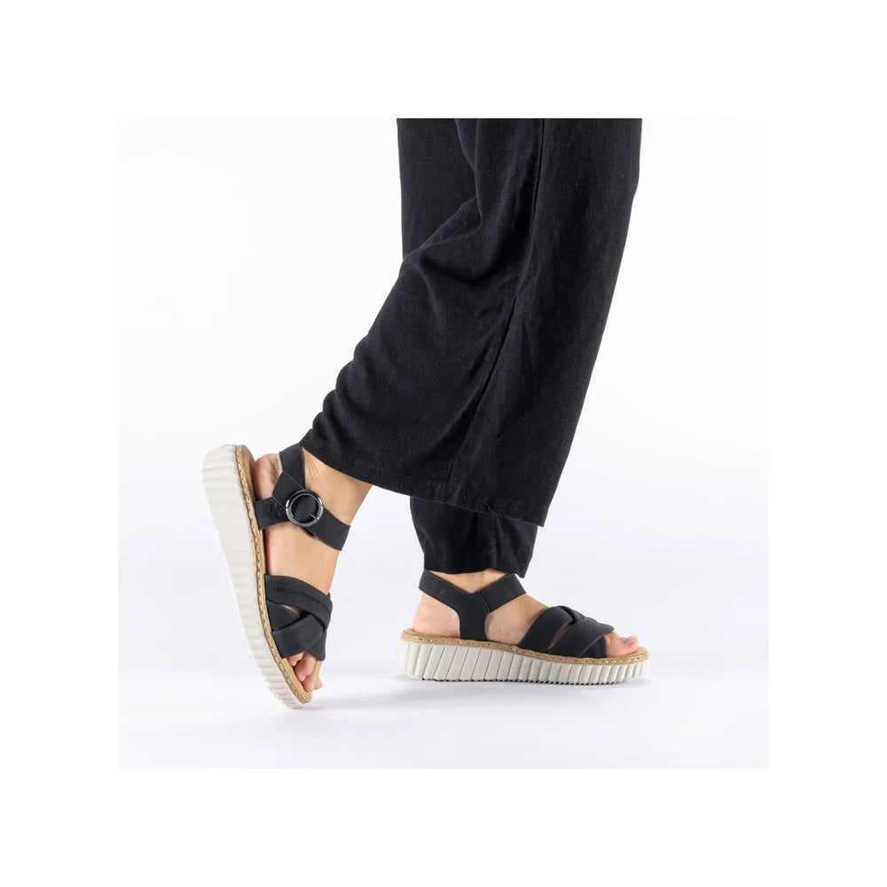 Rieker 63781-00 women's black touch fastening sandals with thick ribbed soles and adjustable straps.