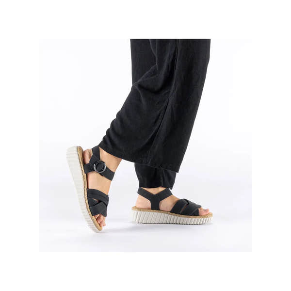 Rieker 63781-00 women's black touch fastening sandals with thick ribbed soles and adjustable straps.