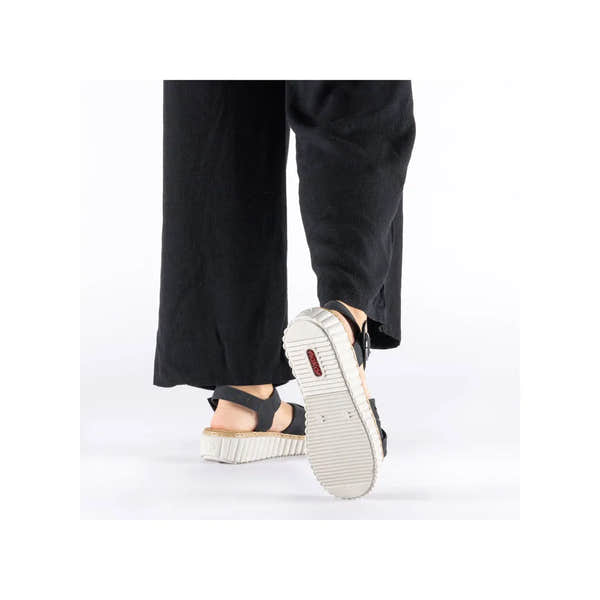 Rieker 63781-00 women's black touch fastening sandals with chunky sole, open toe design, and adjustable ankle strap.