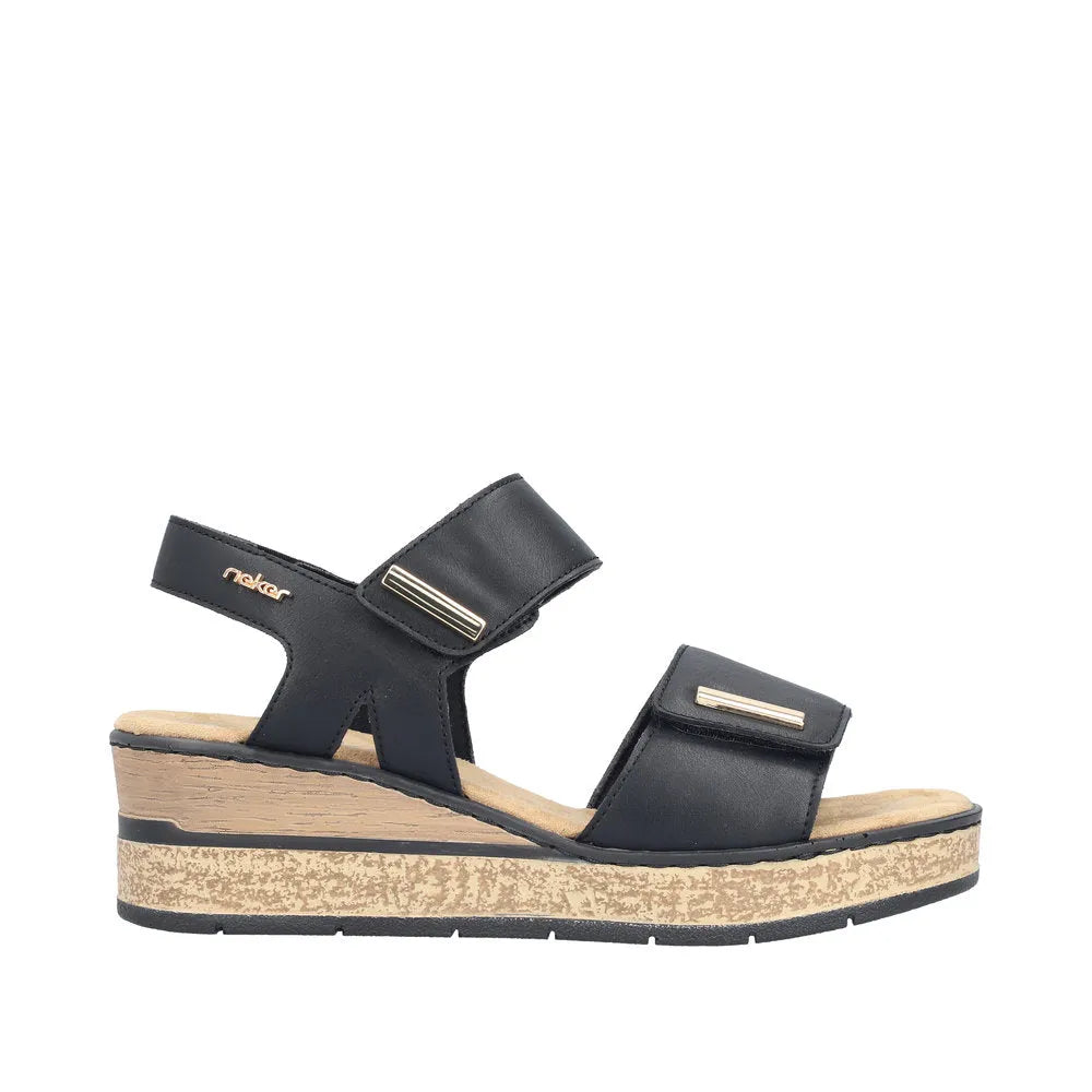 Rieker 63781-00 women's black touch fastening sandals with cushioned insole and wedge heel.