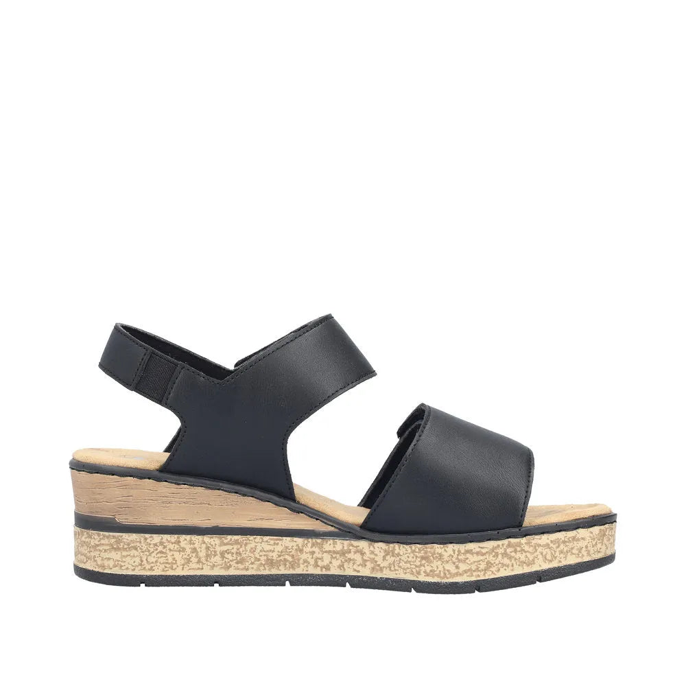 Rieker 63781-00 women's black touch fastening sandals with platform sole and cushioned footbed.