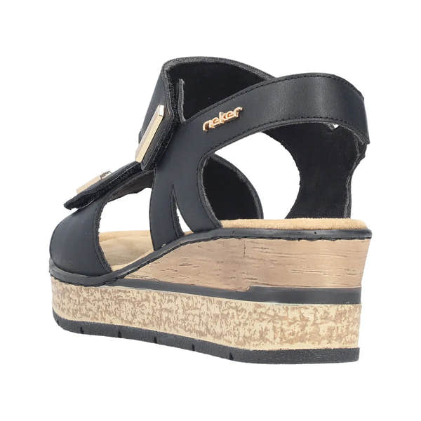 Rieker 63781-00 women's black touch fastening sandals with wedge heel and open toe, stylish and comfortable for everyday wear.