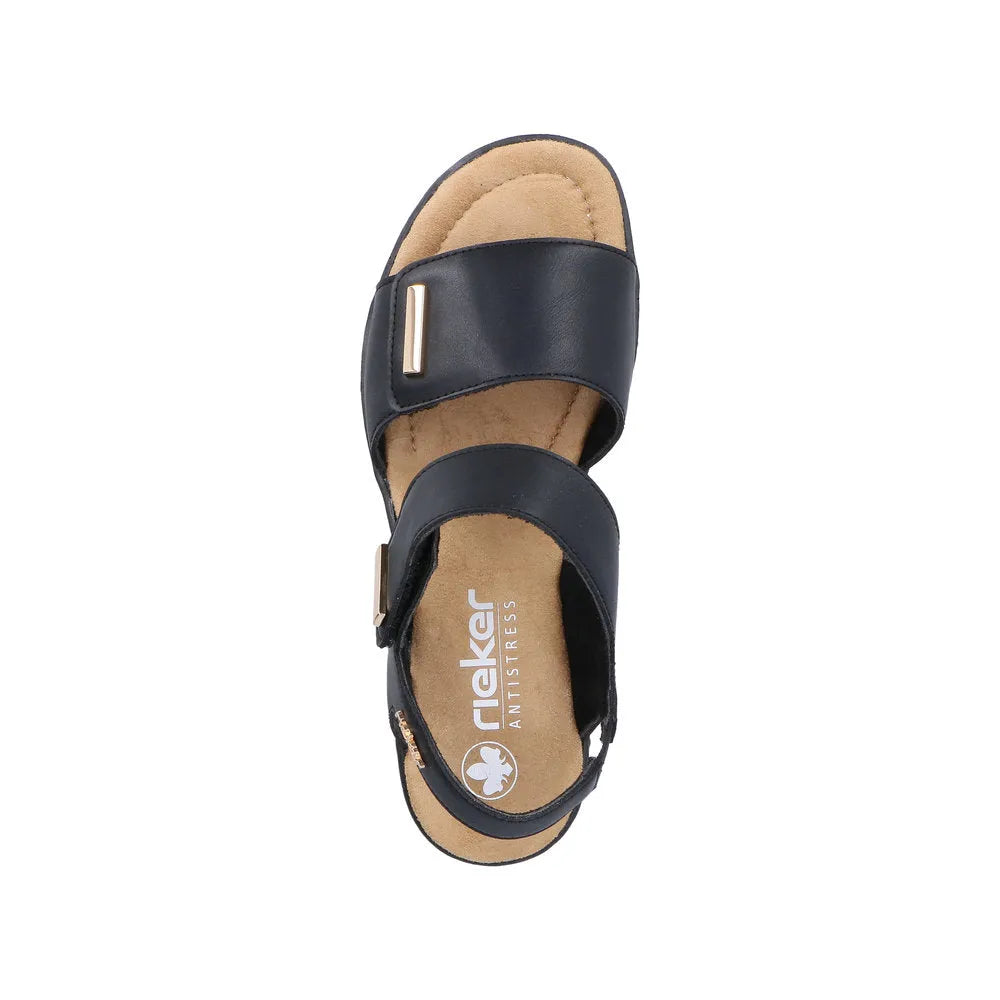 Black Rieker 63781-00 ladies touch fastening sandals with cushioned insole and open toe design.