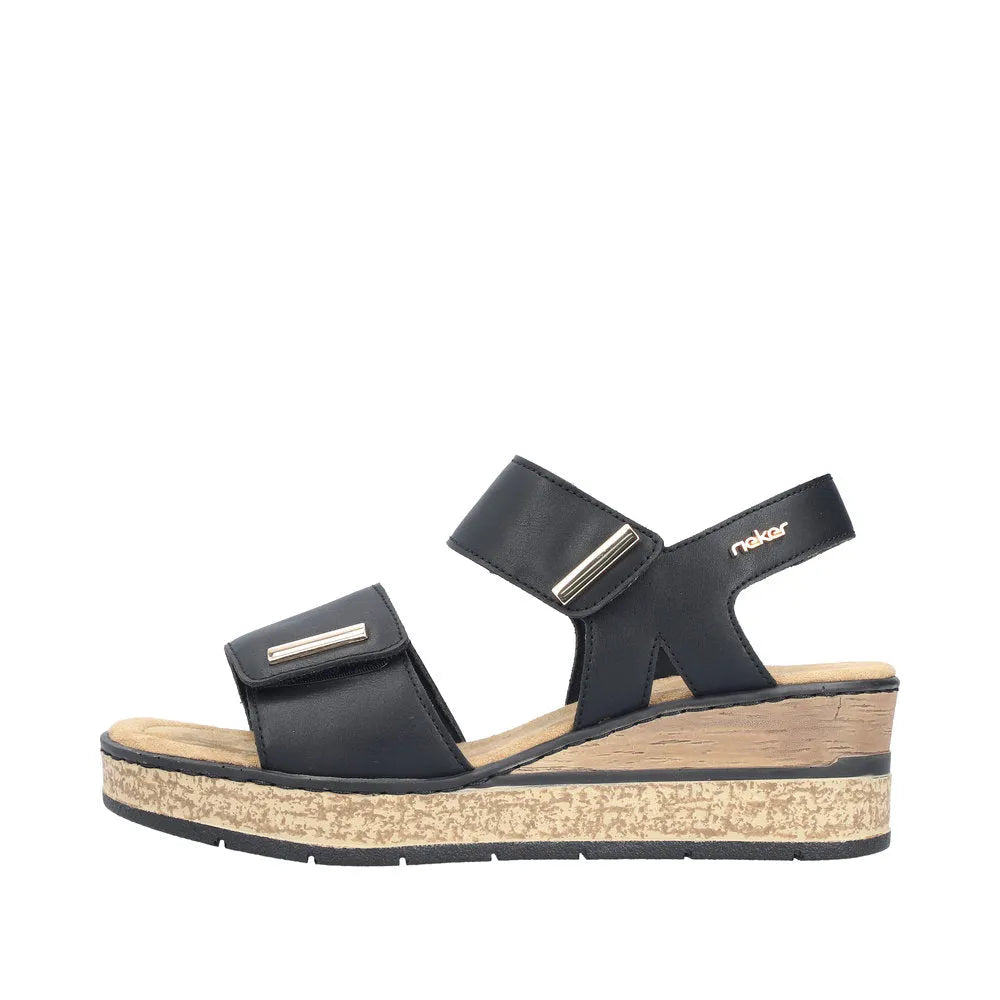 Rieker 63781-00 women's black touch fastening sandals with cork wedge heel and adjustable straps.