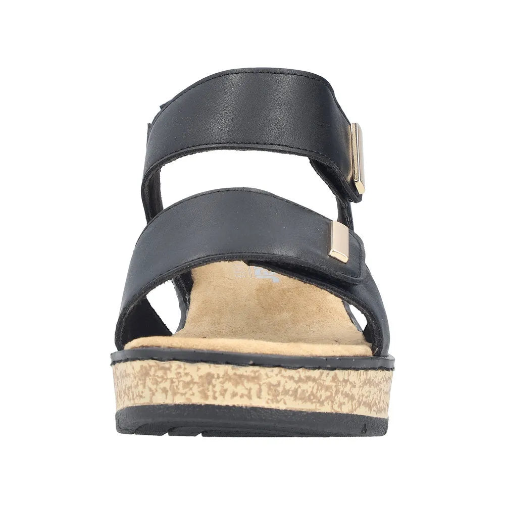Rieker 63781-00 women's black touch fastening cushioned sandals with adjustable straps and slip-resistant sole.