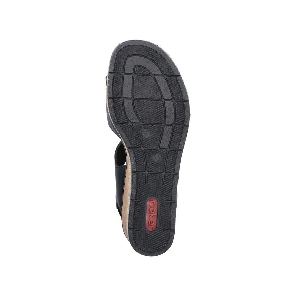 Rieker 63781-00 women's black touch fastening sandals with cushioned sole and slip-on design, durable rubber sole, and Velcro straps.