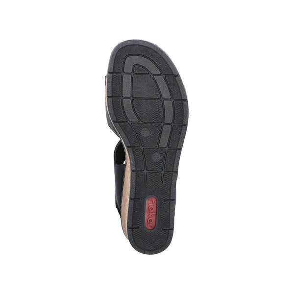 Rieker 63781-00 women's black touch fastening sandals with cushioned sole and slip-on design, durable rubber sole, and Velcro straps.