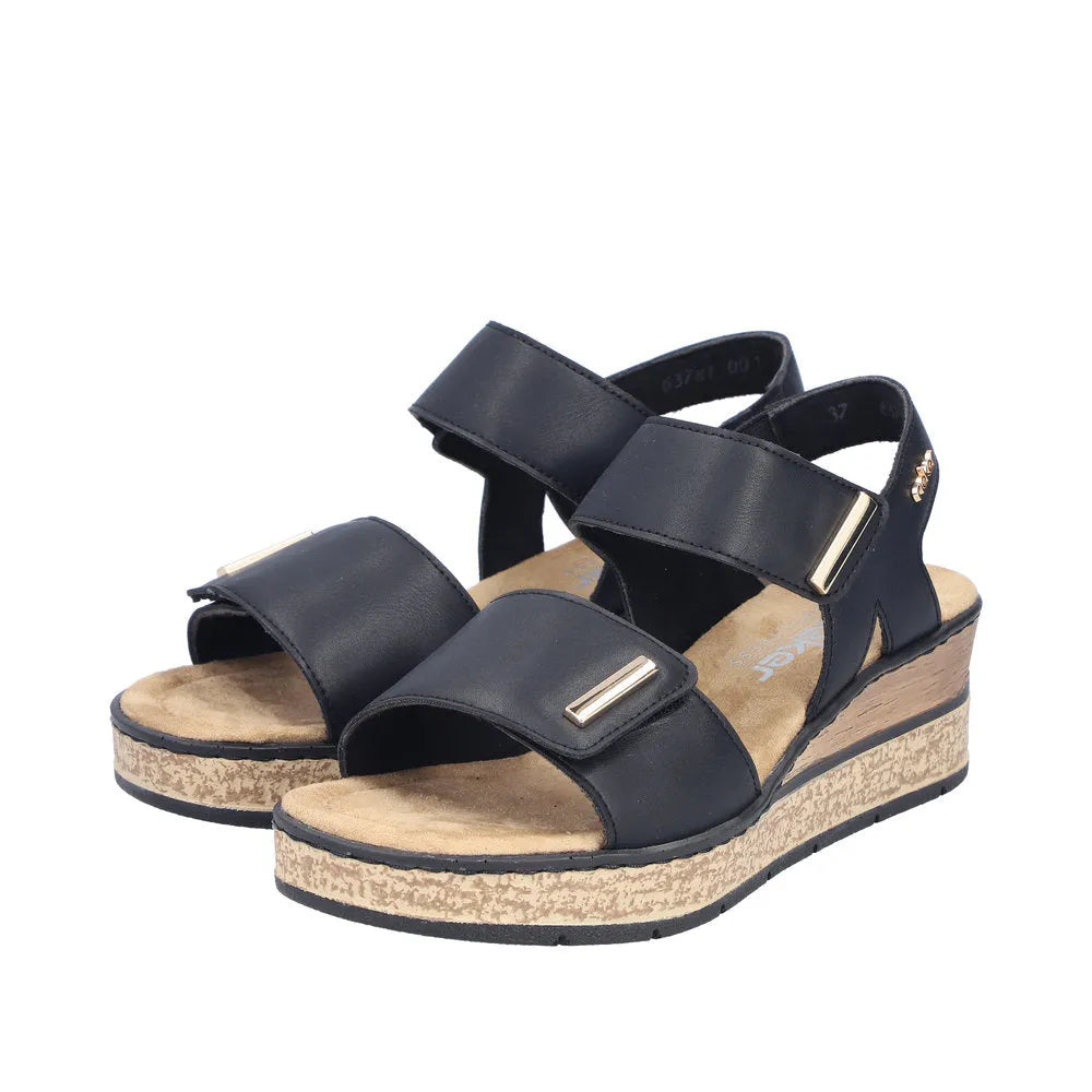 Rieker 63781-00 women's black touch fastening sandals with cushioned footbed and cork-style wedge heel.