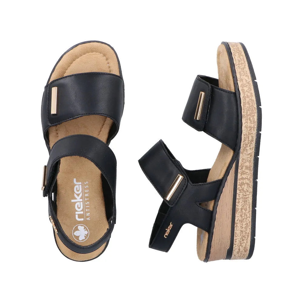 Rieker 63781-00 women's black touch fastening sandals with cushioned footbed and platform crepe sole.