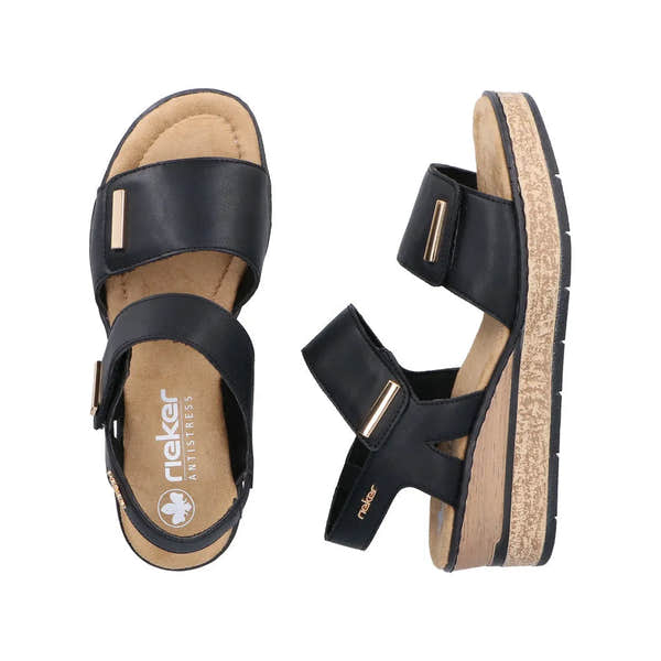 Rieker 63781-00 women's black touch fastening sandals with cushioned footbed and platform crepe sole.