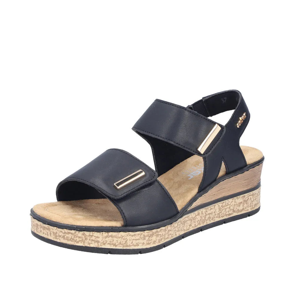 Rieker 63781-00 Ladies black touch fastening wedge sandals with adjustable straps and cushioned insole.