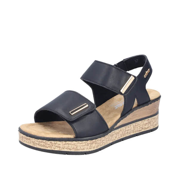 Rieker 63781-00 Ladies black touch fastening wedge sandals with adjustable straps and cushioned insole.