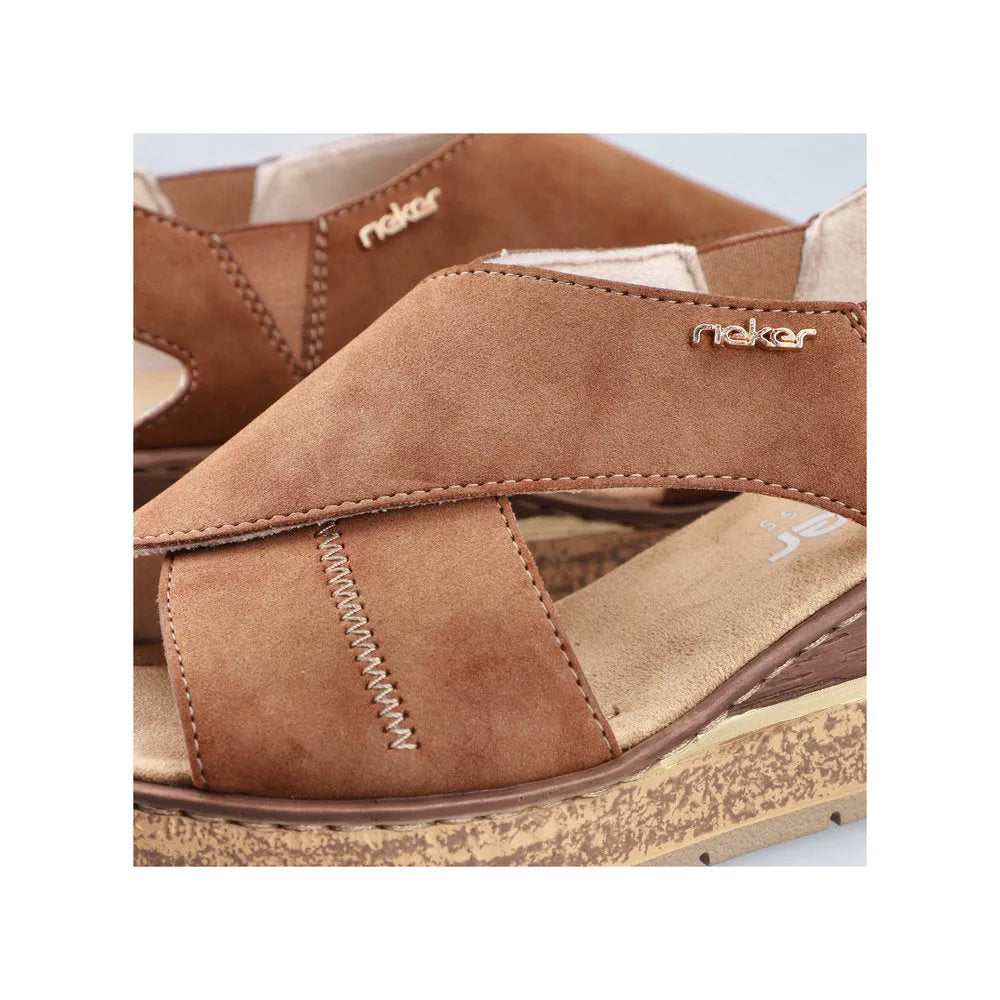 Rieker 63782-24 women's brown elasticated slip-on sandals with cushioned footbed and textured sole.