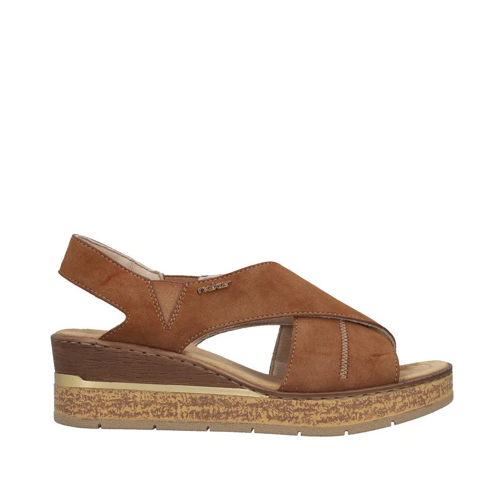 Rieker 63782-24 women's brown elasticated sandals with open toe, cushioned footbed, and chunky wedge sole.