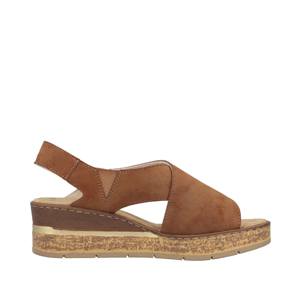 Rieker 63782-24 women's brown elasticated slip-on sandals with cushioned footbed and wedge heel.