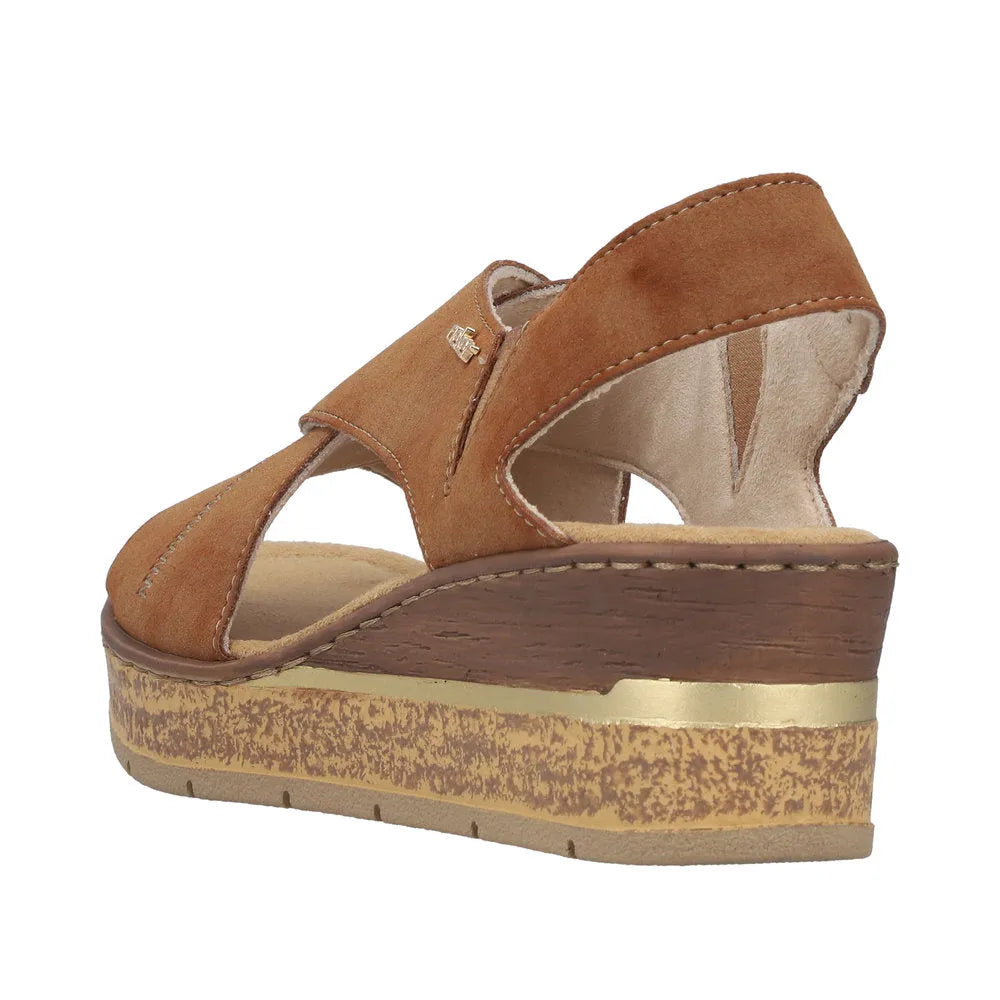 Rieker 63782-24 women's brown elasticated wedge sandals with cushioned insole and layered platform sole.