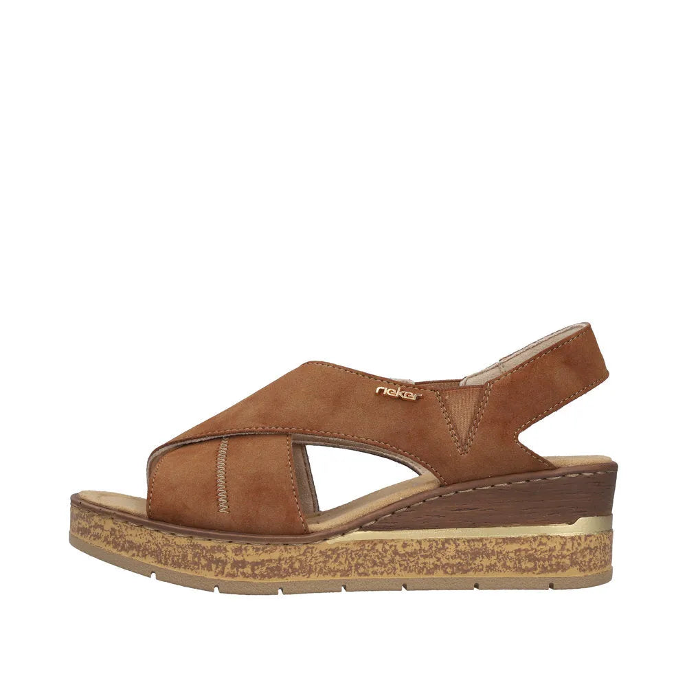 Rieker 63782-24 women's brown elasticated sandals with cushioned sole and wedge heel, perfect for summer comfort.