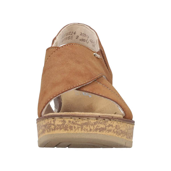 Rieker 63782-24 women's brown elasticated slip-on sandals with cushioned wedge sole, comfortable and stylish summer footwear.