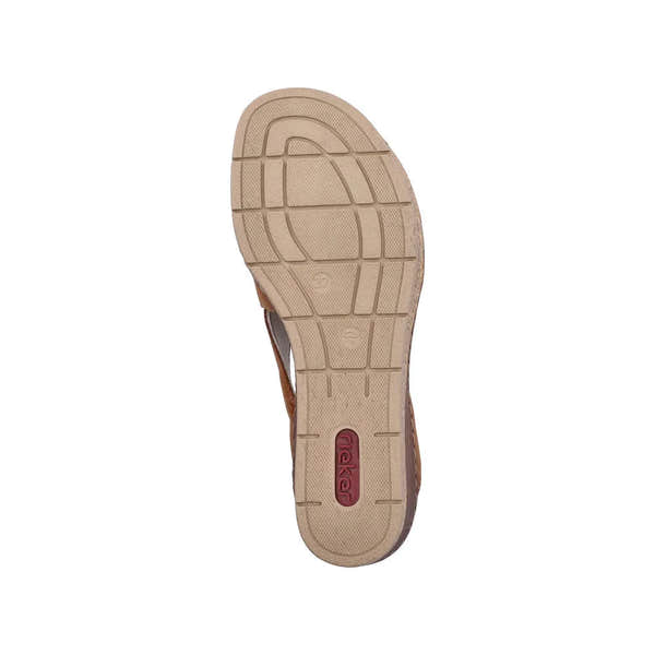 Rieker 63782-24 women's brown elasticated sandals with rubber sole and cushioned footbed.