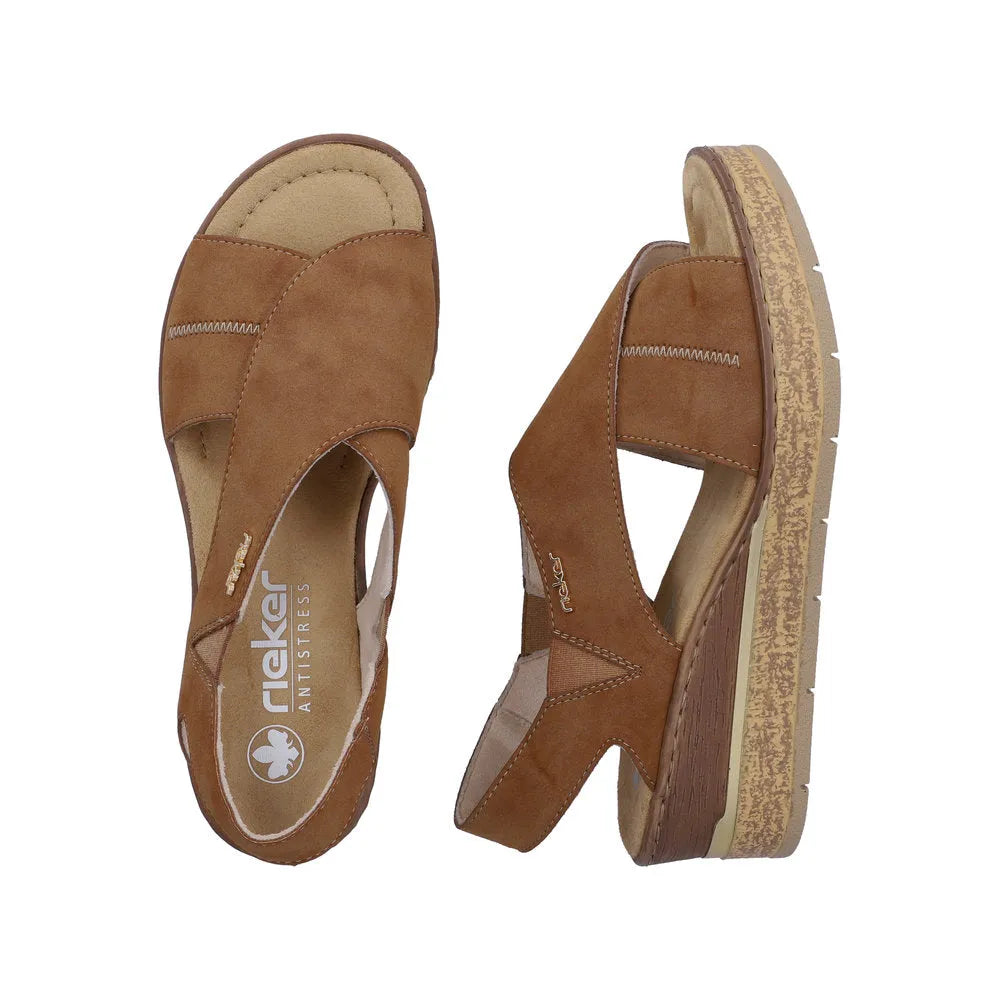 Rieker 63782-24 women's brown elasticated sandals with cushioned insoles and chunky wooden effect platform sole.