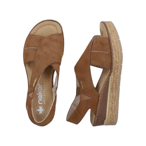 Rieker 63782-24 women's brown elasticated sandals with cushioned insoles and chunky wooden effect platform sole.