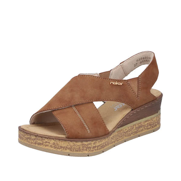 Rieker 63782-24 women's brown elasticated wedge sandals with cushioned insole and thick patterned rubber sole.