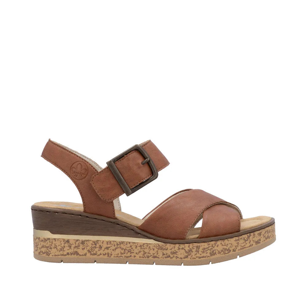 Rieker 63795-22 women's cognac buckle sandals with leather straps, cork wedge heel, and adjustable ankle strap.