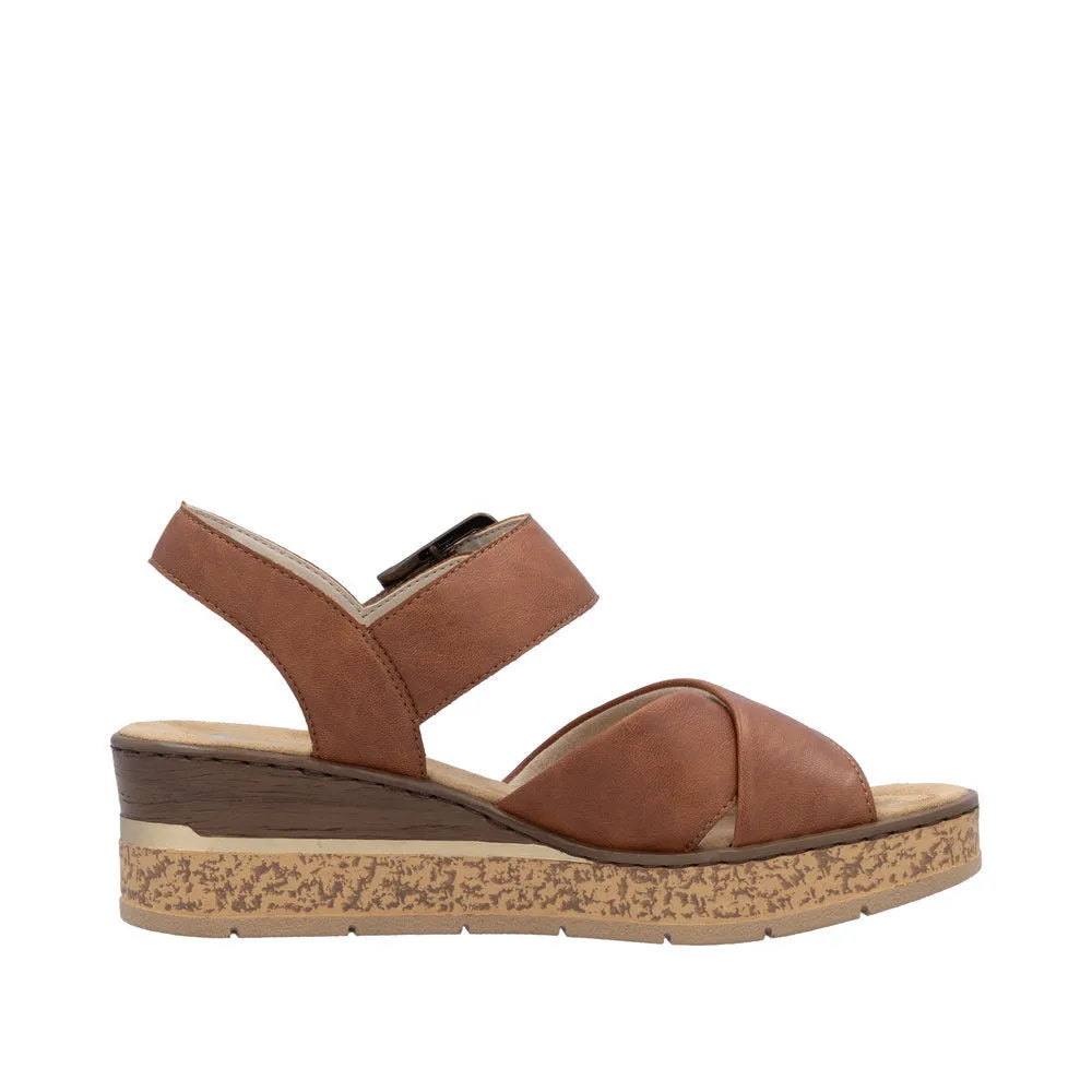 Rieker 63795-22 Ladies Cognac Buckle Sandals with ankle strap and cushioned sole, stylish summer footwear.